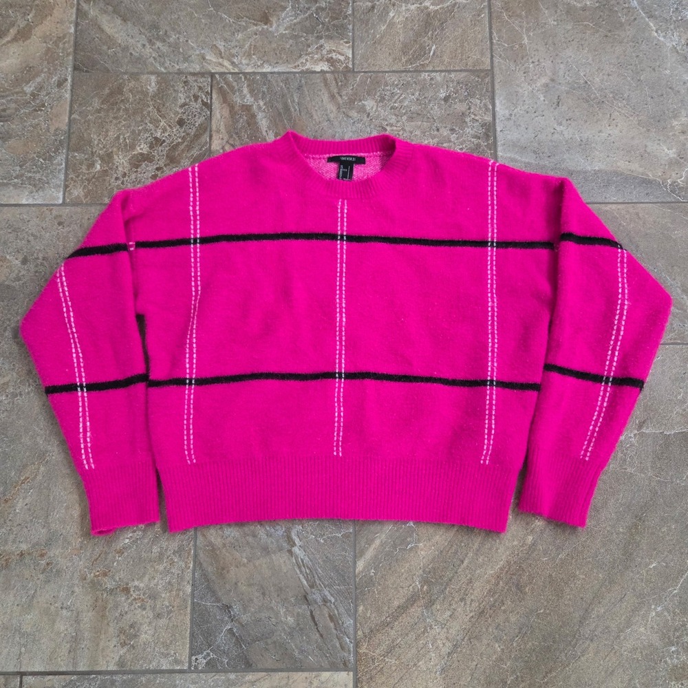 Forever 21 Pink Plaid Knit Sweater Women's Size Small Crew Neck Long Sleeve
